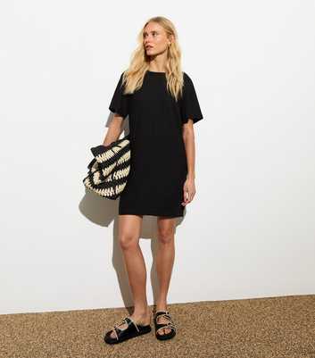Black Mini Linen-Blend T-Shirt Dress