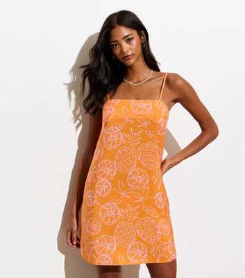 Orange Tropical-Print Slip Dress