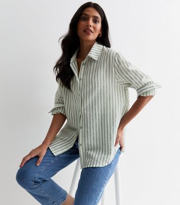 Gini London Green Stripe Long Sleeve Oversized Shirt New Look