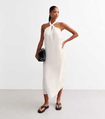 Off White Linen Blend Halter Neck Midi Dress