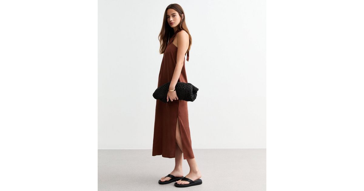 Women’s Rust Red Linen-Blend Halter Neck Drawstring Waist Wide-Leg Jumpsuit With Pockets MDZ2589D8T main image 0