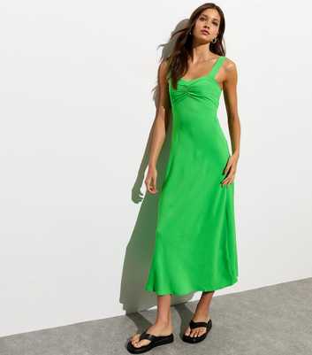 Green Ruched Front Cut Out Back Midi Dress