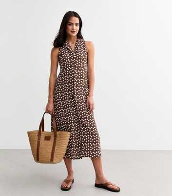 Brown Polka Dot Pattern Sleeveless Midi Shirt Dress