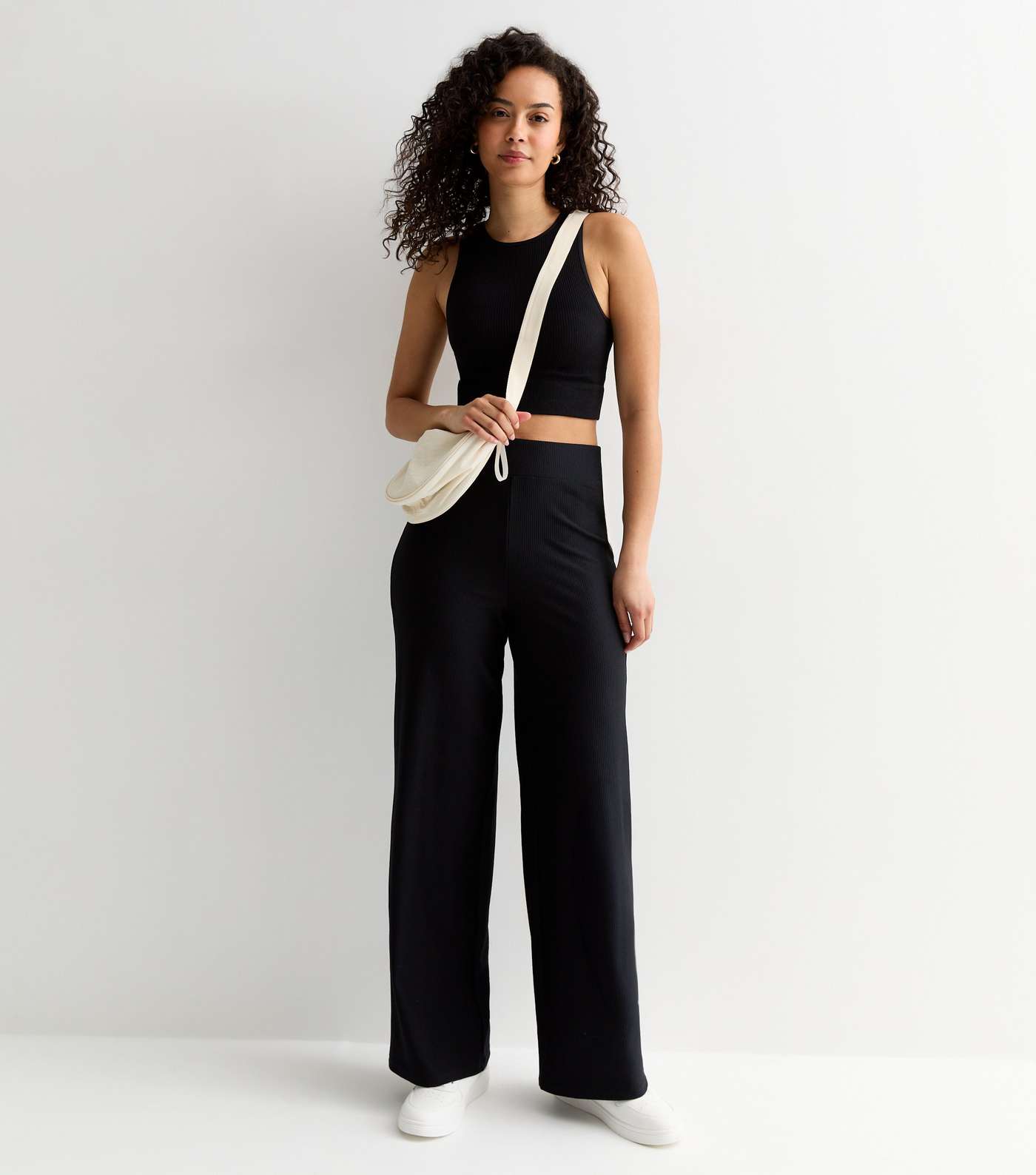 Tall Black Ribbed Wide Leg Trousers Image 2