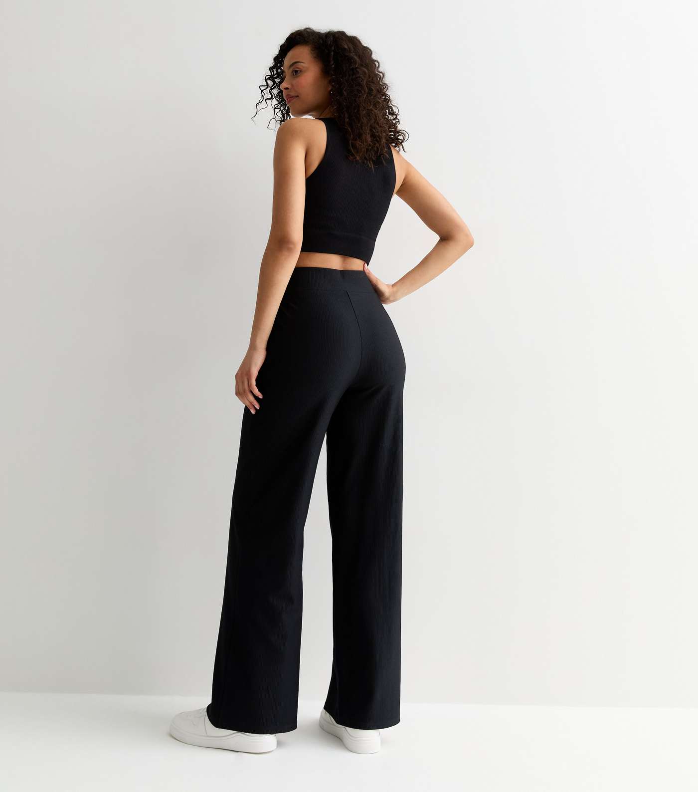 Tall Black Ribbed Wide Leg Trousers Image 4