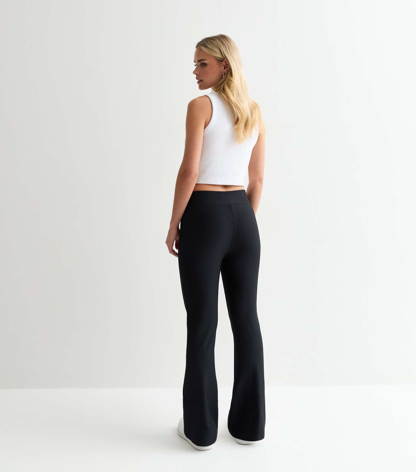 Petite Black Ribbed Jersey Flared Trousers Image 4
