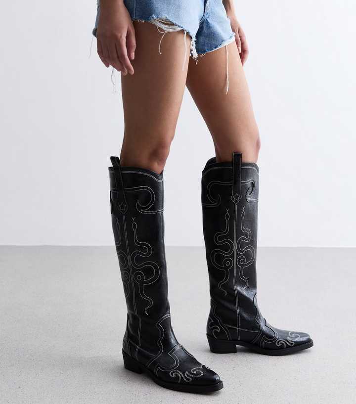 Public Desire Black Leather-Look Knee High Cowboy Boots