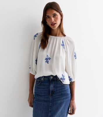 Blue Vanilla White Embroidered Floral Puff Sleeve Blouse