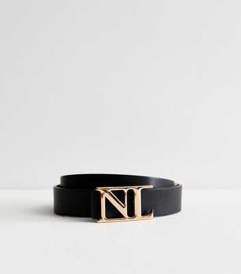 Black NL Logo-Buckle Leather Look Belt 