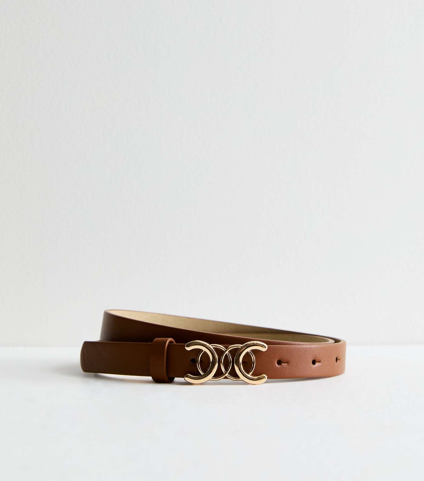 Tan Leather-Look Circle Buckle Skinny Belt