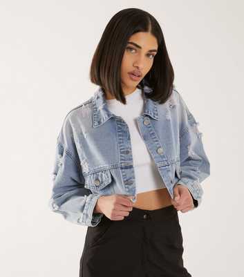 Pink Vanilla Pale Blue Distressed Denim Jacket