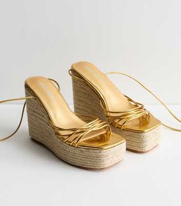 Public Desire Gold Strappy Wedge Heeled Sandals