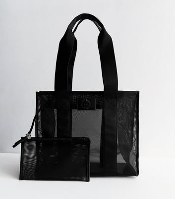 Black Mesh Pouch and Tote Bag New Look