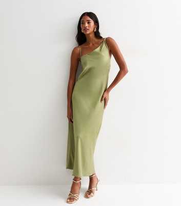 Light Green One-Shoulder Satin Maxi Slip Dress