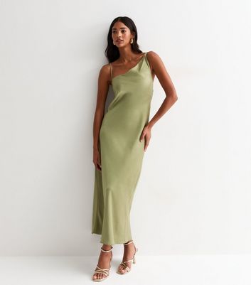 Light Green One Shoulder Satin Maxi Slip Dress New Look