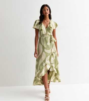 Green Brush Stroke Ruffle Wrap Midi Dress