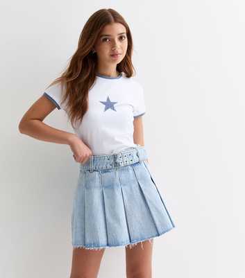 Girls Light Blue Denim Belted Pleated Mini Skirt