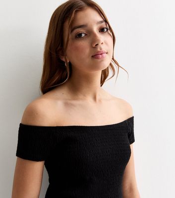 Black shirred bardot top sale