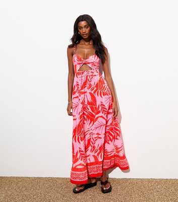 Pink Tropical-Print Twist-Front Midi Dress