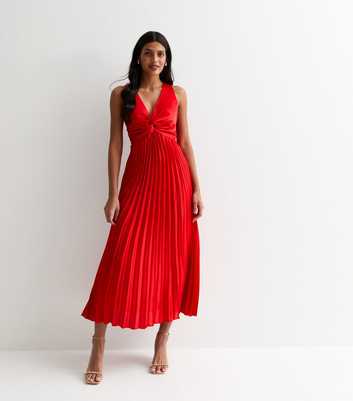 Red Twist-Front Pleated Maxi Dress