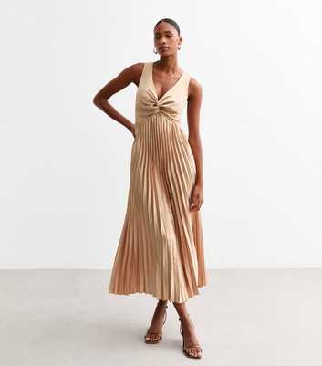 Gold Twist-Front Pleated Maxi Dress