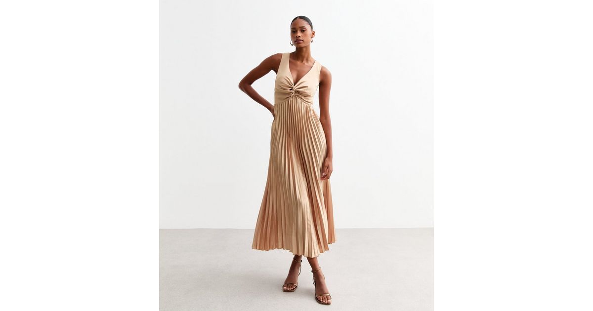 gold twist front maxi dress Shop Petite Champagne Gold Metallic Plisse Twist Front Maxi Dress Online in Oman