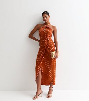 Burnt Orange Metallic Polka Dot Halter Neck Midi Dress New Look