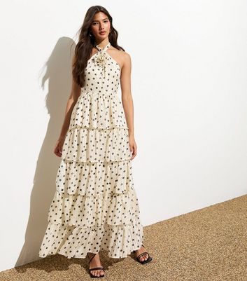 White Spot-Print Halter-Neck Tiered Maxi Dress New Look