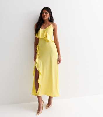 Yellow Ruffle Split-Hem Strappy Midi Dress