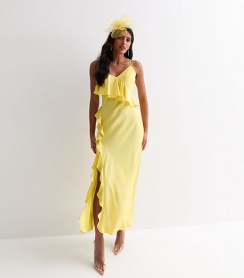 Yellow Ruffle Split-Hem Strappy Midi Dress New Look