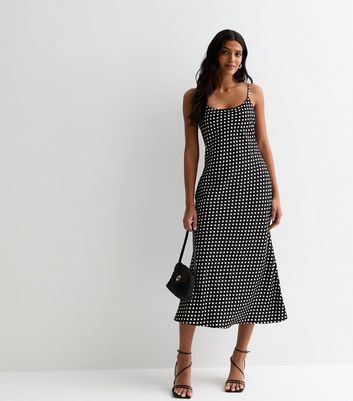 Black Spot Satin Strappy Midi Slip Dress New Look