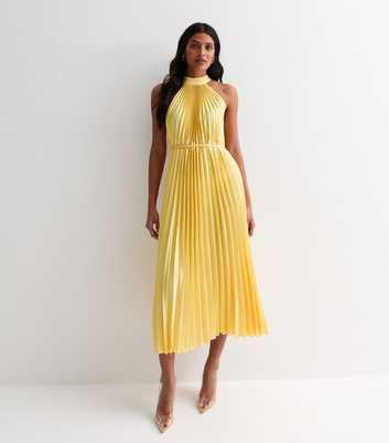 Pale Yellow Pleated Satin Halter Midi Dress