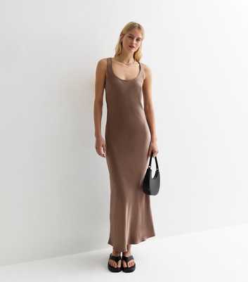 Tall Brown Scoop-Neck Satin Maxi Slip Dress