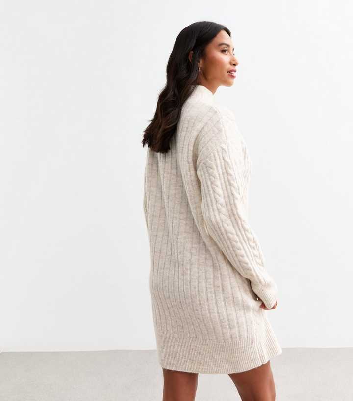 white christmas dresses Cream Cable Knit Mock Neck Mini Sweater Dress