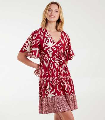Blue Vanilla Red Abstract Print Belted Mini Dress