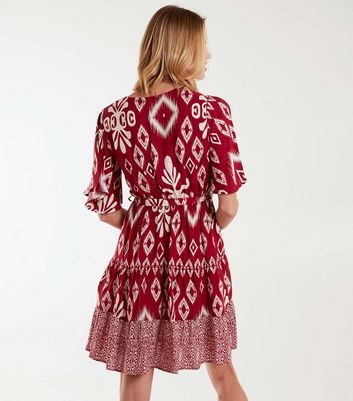 Blue Vanilla Red Abstract Print Belted Mini Dress New Look