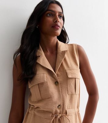 Camel Sleeveless Utility Shirt Dress