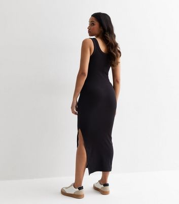 Petite Black Ribbed Scoop Neck Split Hem Midi Dress | New Look