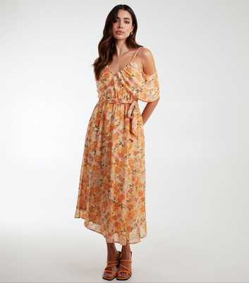 Blue Vanilla Orange Floral Chiffon Cold Shoulder Midi Dress