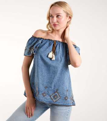 Blue Vanilla Pale Blue Embroidered Bardot Top