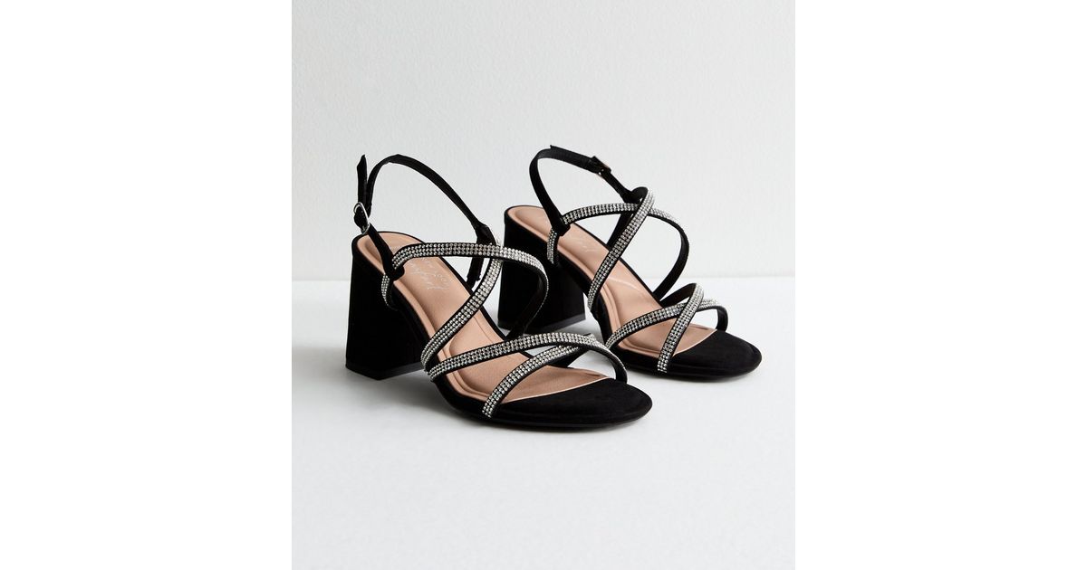 Wide Fit Black Diamanté Strappy Block Heel Sandals | New Look