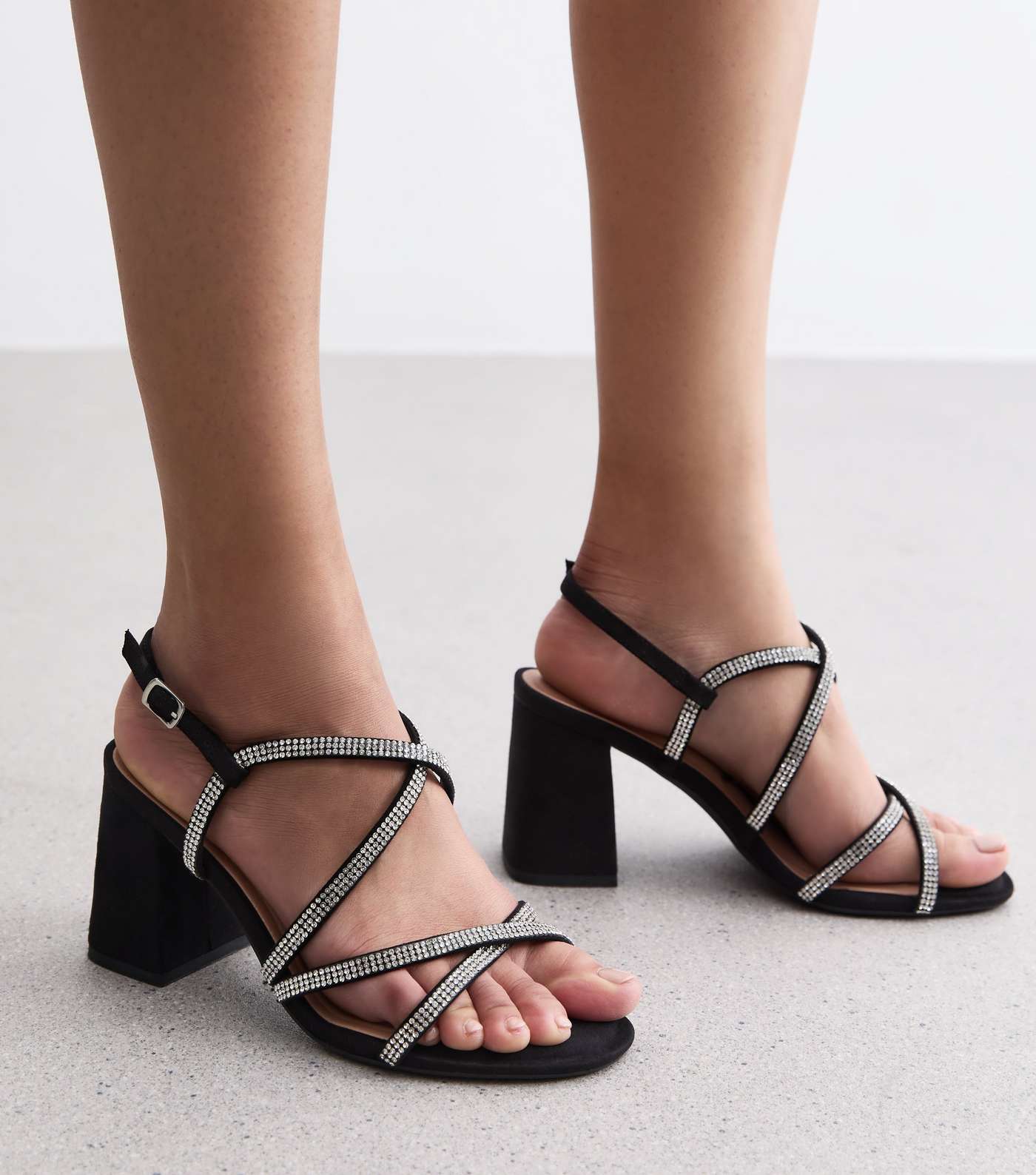 Wide Fit Black Diamanté Strappy Block Heel Sandals Image 2