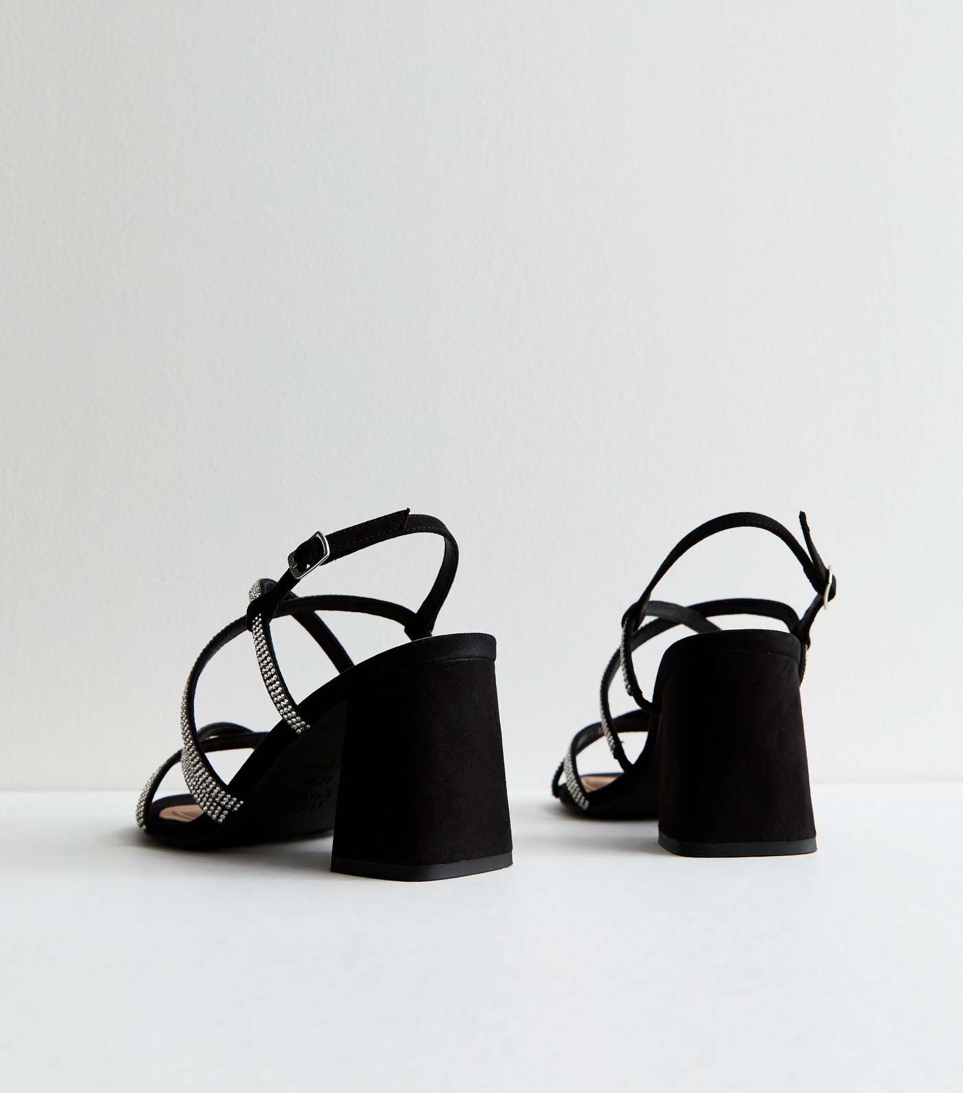 Wide Fit Black Diamanté Strappy Block Heel Sandals Image 4