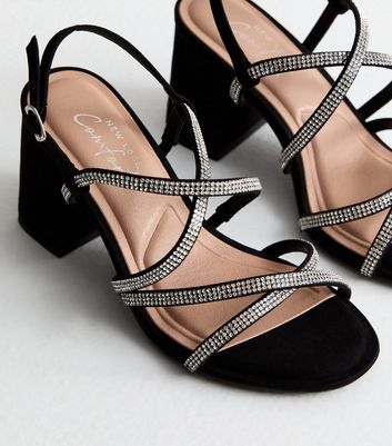 Wide Fit Black Diamanté Strappy Block Heel Sandals New Look