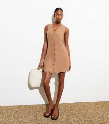 Camel Buttoned Linen-Blend Sleeveless Mini Dress 