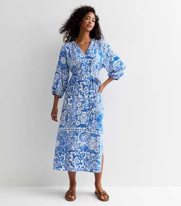 Blue Tile Print Grandad Midi Shirt Dress