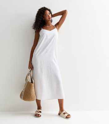 Cream Strappy Linen-Blend Slit Midi Dress