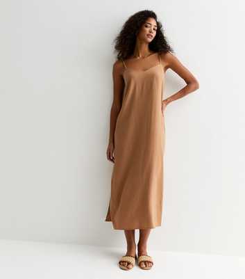 Camel Strappy Linen-Blend Slit Midi Dress