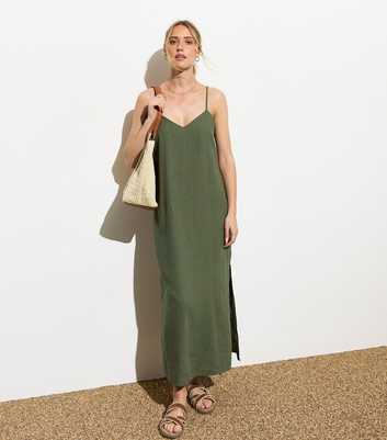 Khaki Strappy Linen-Blend Slit Midi Dress