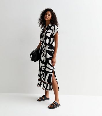 Black Abstract Print Belted Midi Shirt Dress New Look